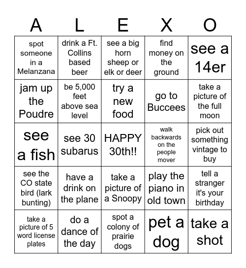 We celebrate Alex turning 30!!!! Bingo Card