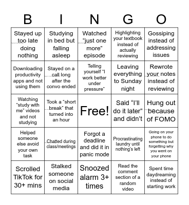 Time Wasters Bingo Card