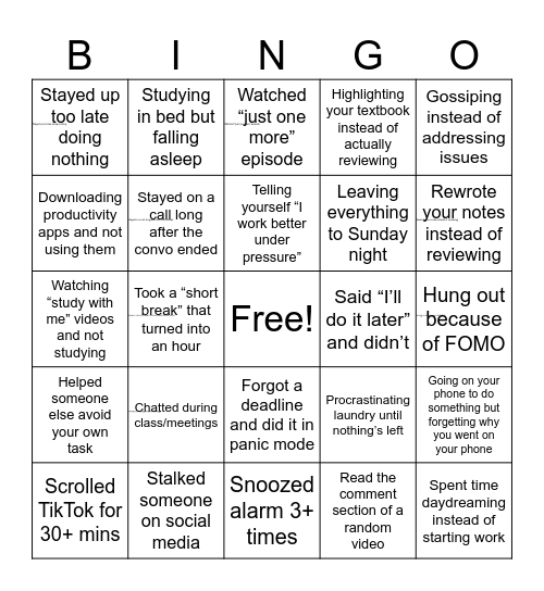 Time Wasters Bingo Card