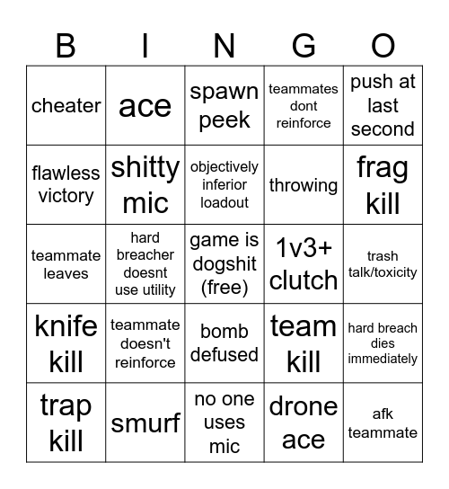 rainbow six siege Bingo Card