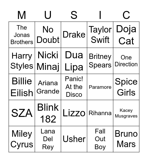 Bingo For Teens - Music Bingo Card