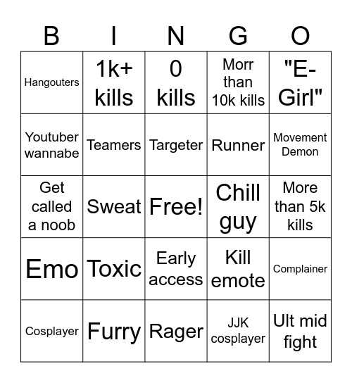 Battlegrounds games bingo Card