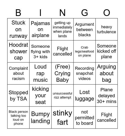 Spirit Airlines BINGO! Bingo Card