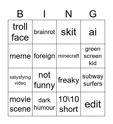yt shorts Bingo Card