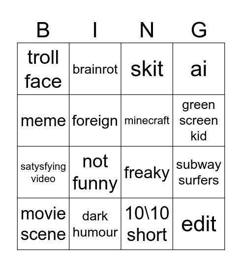 yt shorts Bingo Card