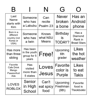 NSU YOUTH BINGO! Bingo Card
