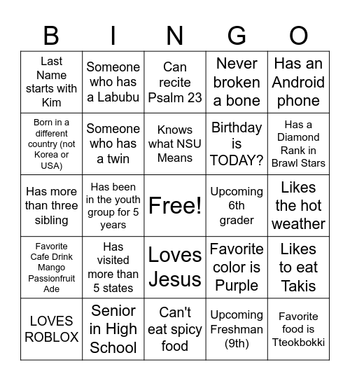 NSU YOUTH BINGO! Bingo Card