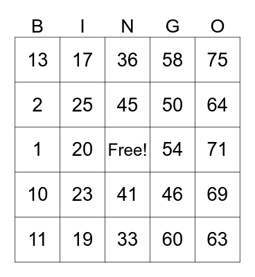 Number Bingo 1-75 Bingo Card
