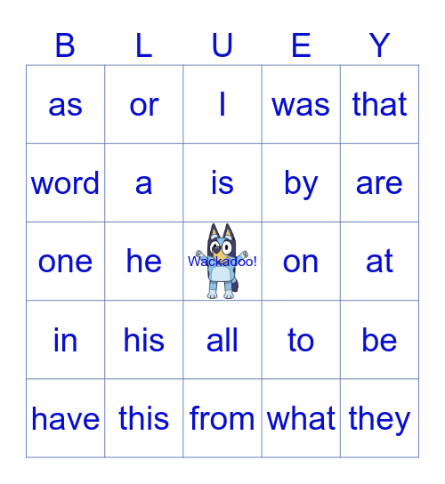 Most Common Words Bingo Card