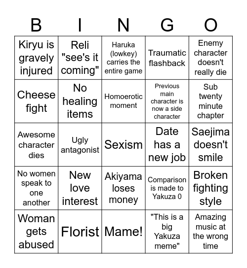 Yakuza 5 Bingo Card
