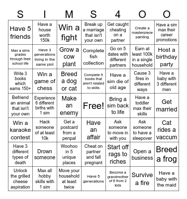 Sims 4 Bingo Card