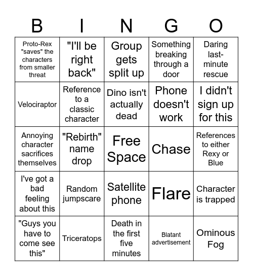 Jurrassic Park Rebirth Bingo Card