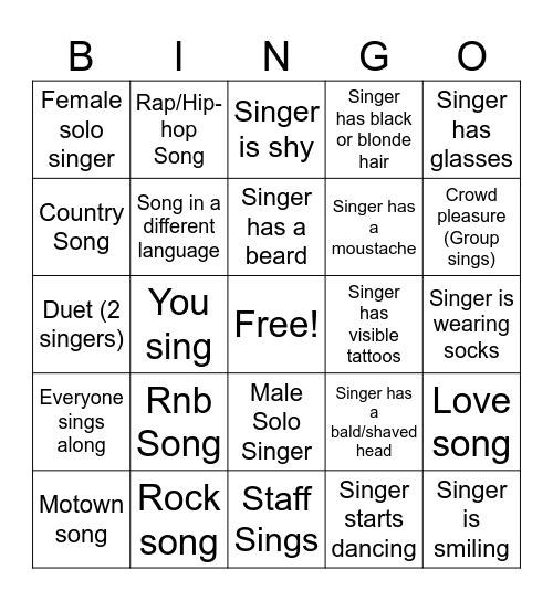 Bingo Karaoke Bingo Card
