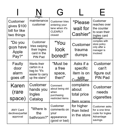 Cashier Bingo Card