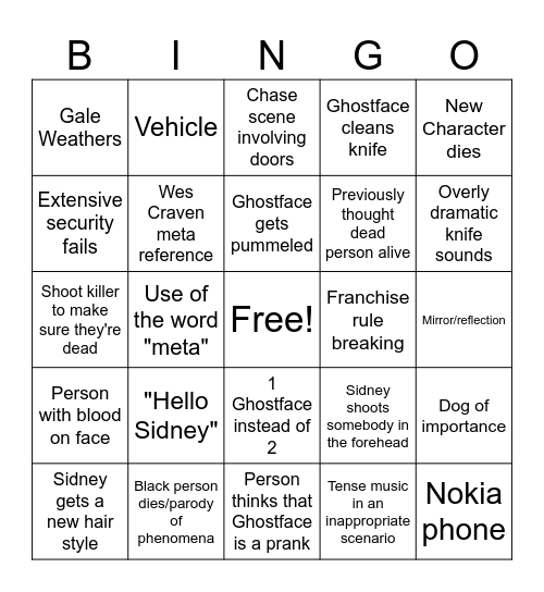 Scream Bingo Card