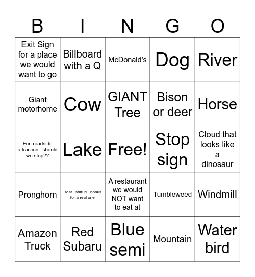 Road Trip #1 Bingo Card