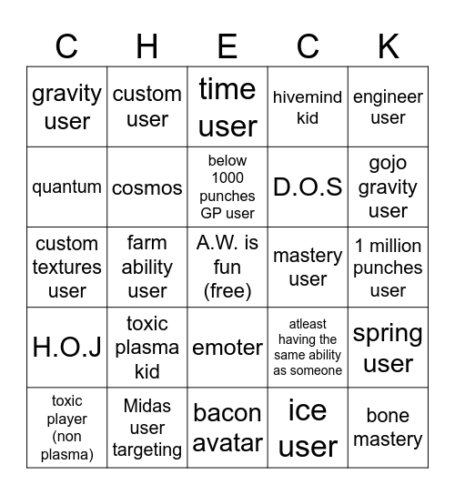 Ability Wars Bingo Card