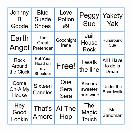 1950s Music Bingo Card