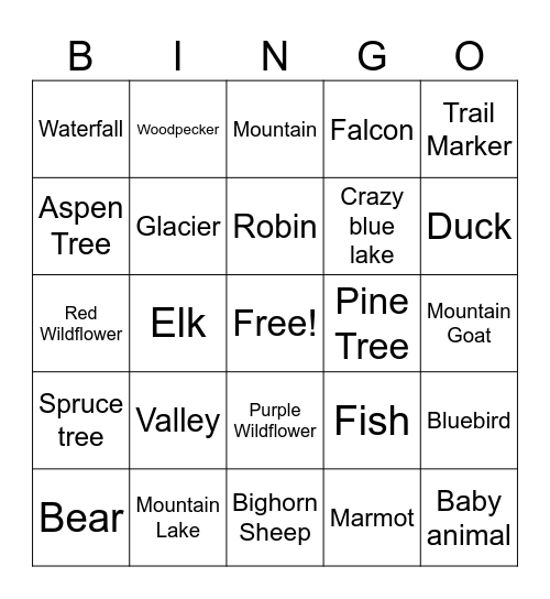 Glacier Bingo Card