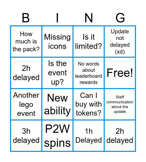 Blade ball update experience Bingo Card