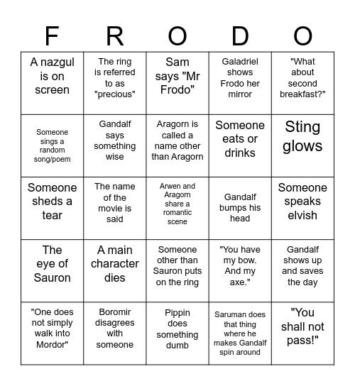FELLOWSHIP OF THE RING Bingo Card