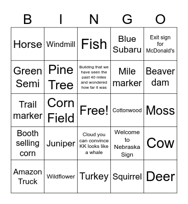 Chadron and Road Trip Bingo Card
