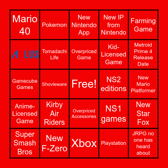 Nintendo Direct July Bingo Card
