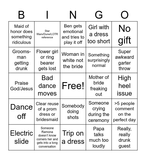 Wedding Bingo - Because we are terrible people Bingo Card