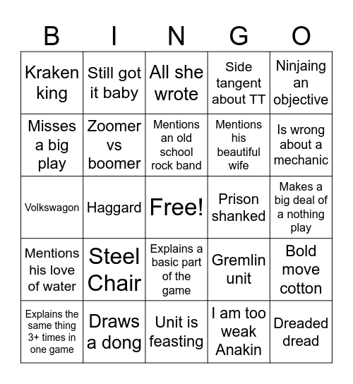 Turin Season Finale Bingo Card