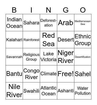 Africa Geography & Culture Test Review Bingo Card