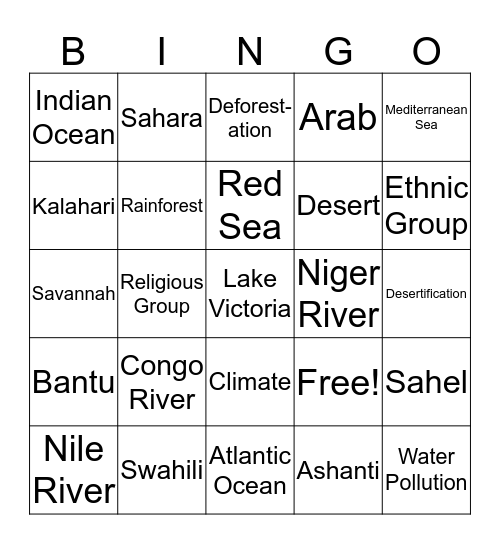 Africa Geography & Culture Test Review Bingo Card