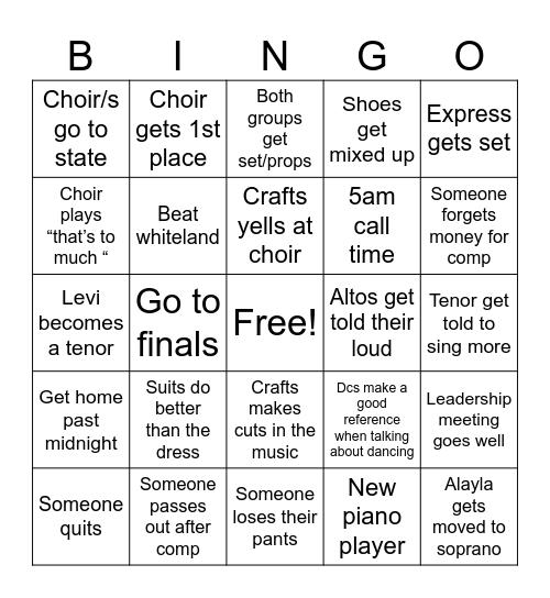 SHOW CHOIR BINGO Card