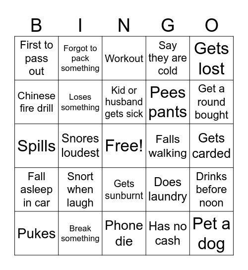 GAP Trip Bingo Card