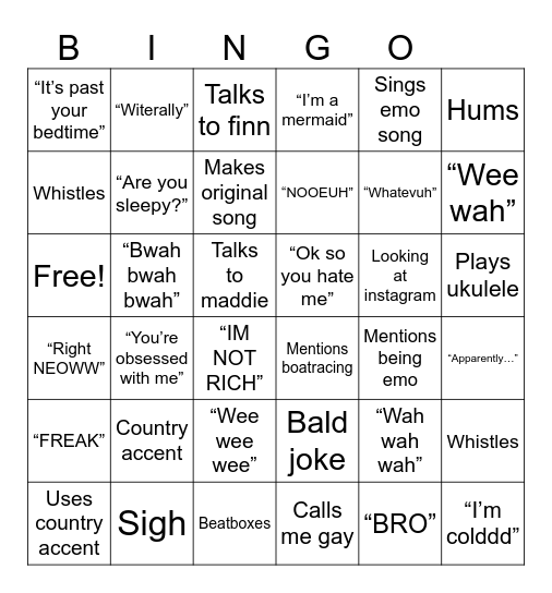 Phone call Bingo Card