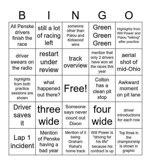 Indy Car Mid-Ohio 2025 Bingo Card