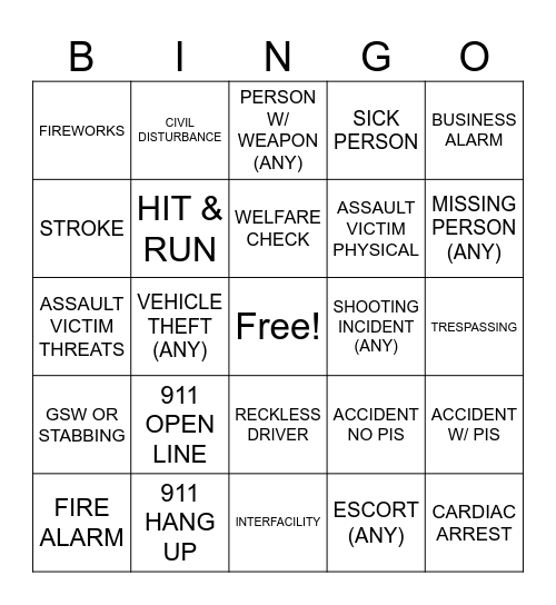 911 BINGO - D SHIFT Bingo Card