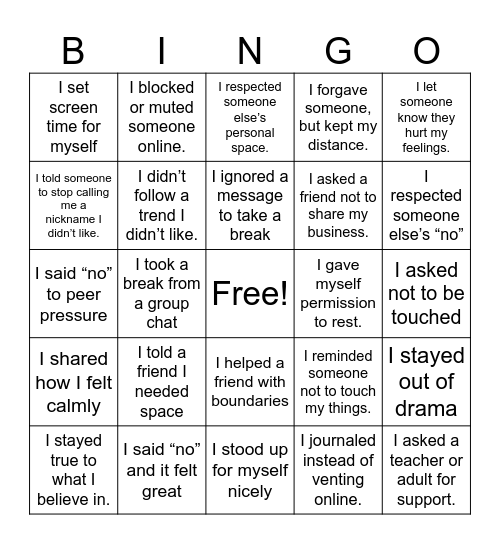 Recognising & Establishing Healthy Boundaries Bingo Card