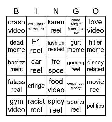 Instagram reel bingo Card