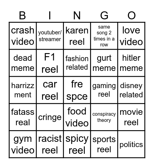 Instagram reel bingo Card