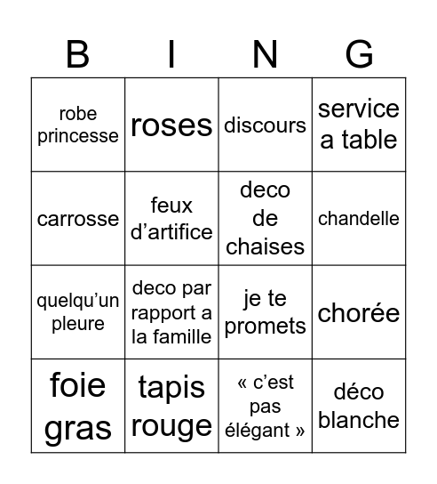 4 mariages Bingo Card