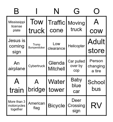Lane-Laubach Road Trip Bingo Card