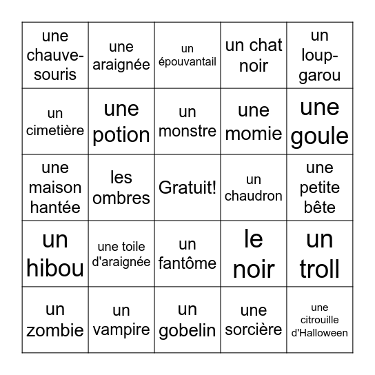 J'ai peur! Bingo Card