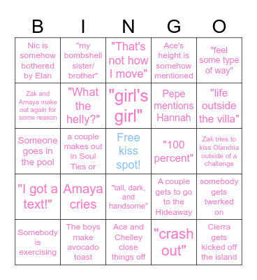 Love Island Season 7ep30 Bingo Card