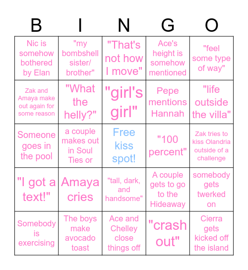 Love Island Season 7ep30 Bingo Card
