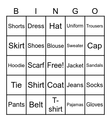 Clothes Bingo Card