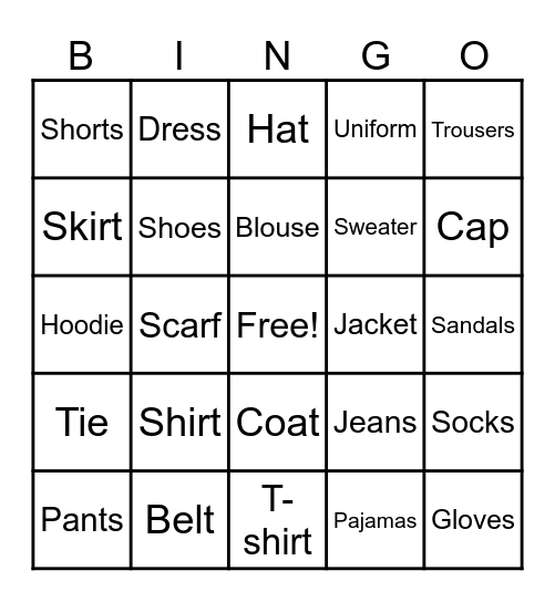 Clothes Bingo Card