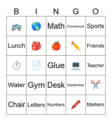 Back to School Bingo Card