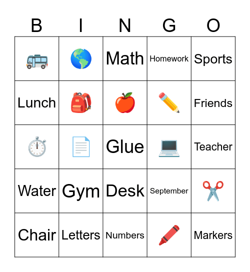 Back to School Bingo Card