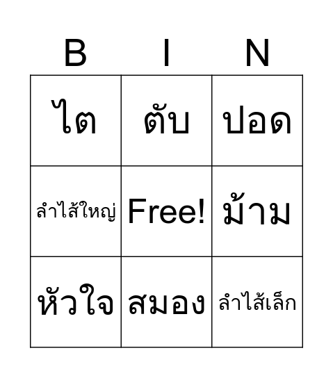 บิงโกคำศัพท์อวัยวะในร่างกาย Bingo Card