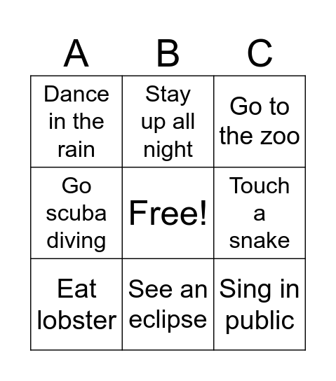 Things I have done Bingo Card